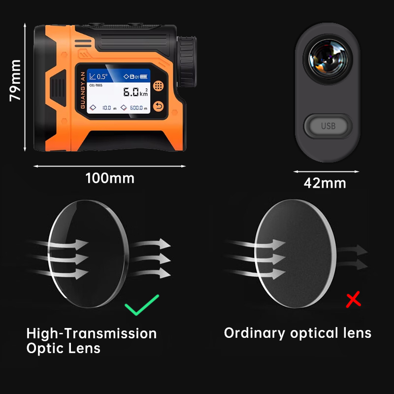 GuangYan Golf Slope Laser Rangefinder Orange ABS 600 Yards LCD 6X Magnification IP65 Protection 0.1M Accuracy Lithium Battery