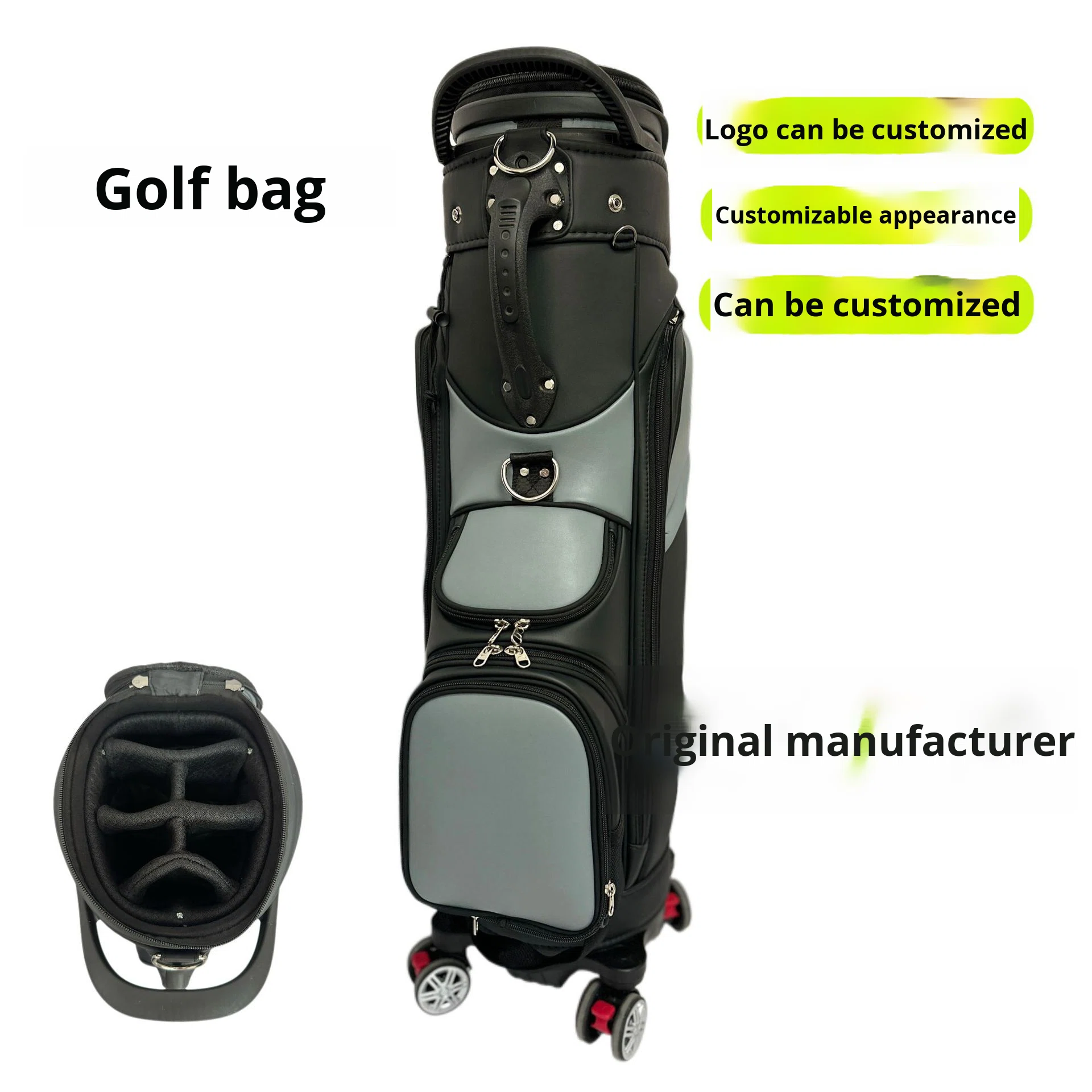 Multi-Functional Waterproof Four-Wheel Push Soft Leather Golf Bag with Zipper Closure Factory Direct for Men and Women