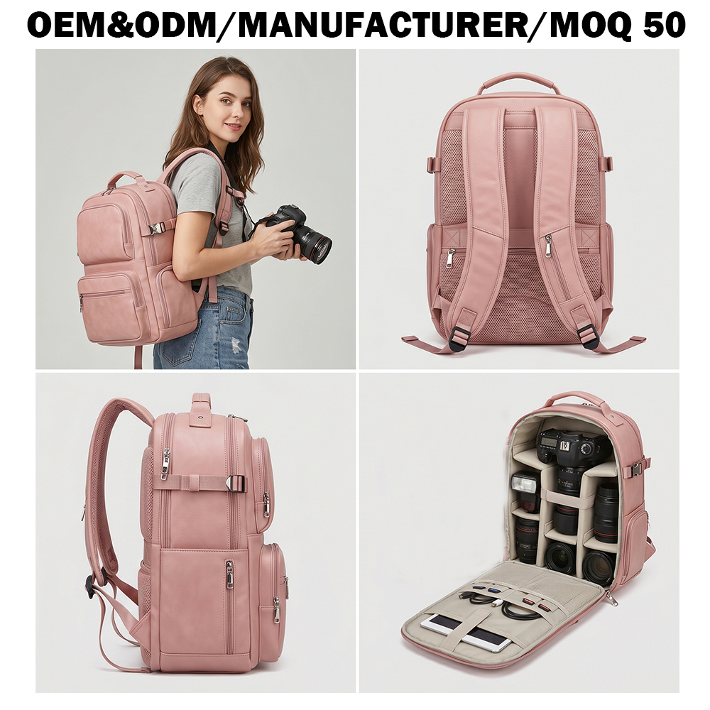 Custom High-End Synthetic Leather SLR DSLR Camera Backpack Large Photographer Camera Bag Pack &amp; Lens Bag OEM Manufacturer