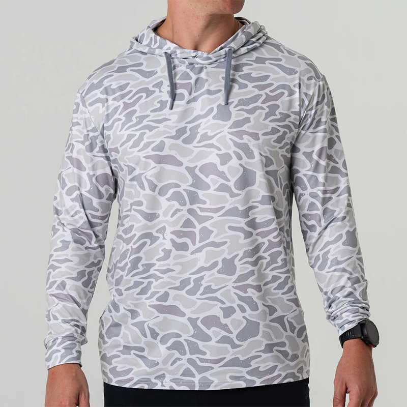 Custom Lightweight UPF 50+ Sun Uv Protection Performance Long Sleeve Mens Fishing Wear White Camo Fishing Hoodie Fishing Shirt