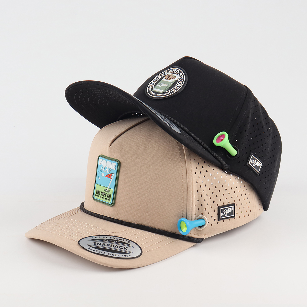 5 Panel Black Waterproof Hat Rubber Patch Logo Baseball Caps Laser Cut Golf Hat With Tee Holder Magnet Ball Maker Golf Rope Hat