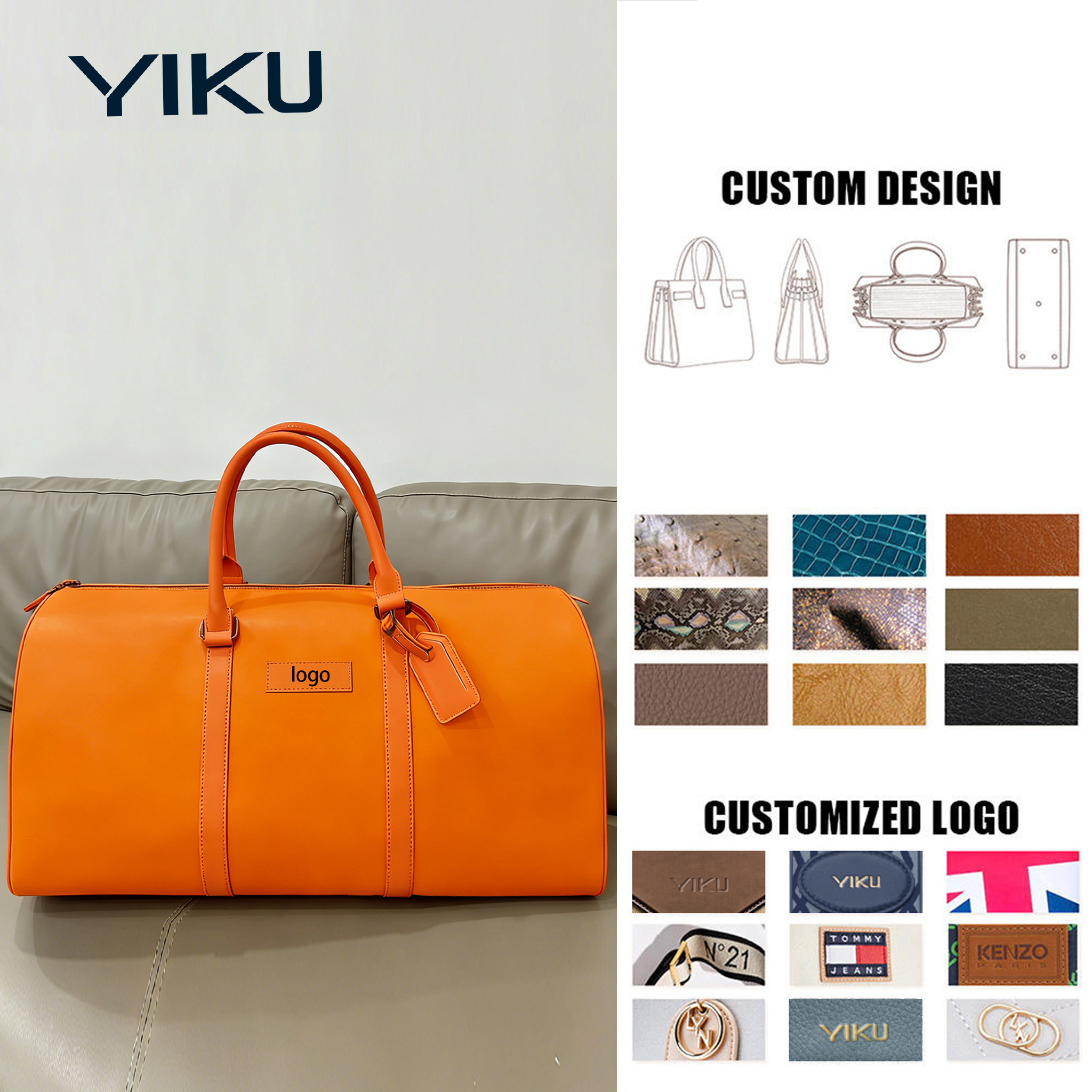 YIKU Custom Luxury Duffel Bag FULL LOGO Weekend Travel Overnight Bag Designer PU Leather Duffle Bag Men With Printing Logo