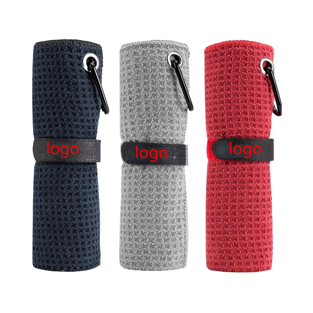 Convenient 16\" X 16\" Waffle Pattern Microfiber Golf Cleaning Towel With Carabiner Clip In Black/Grey/Red Sports Theme