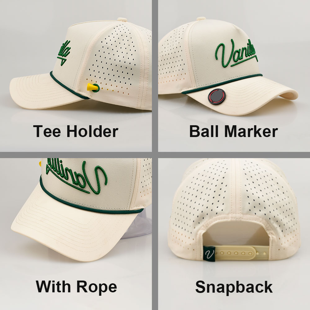 Custom Embroidered Logo 5 Panel Rope Baseball Caps Waterproof Polyester Laser Cut Hole Perforated Golf Hat with Ball Marker
