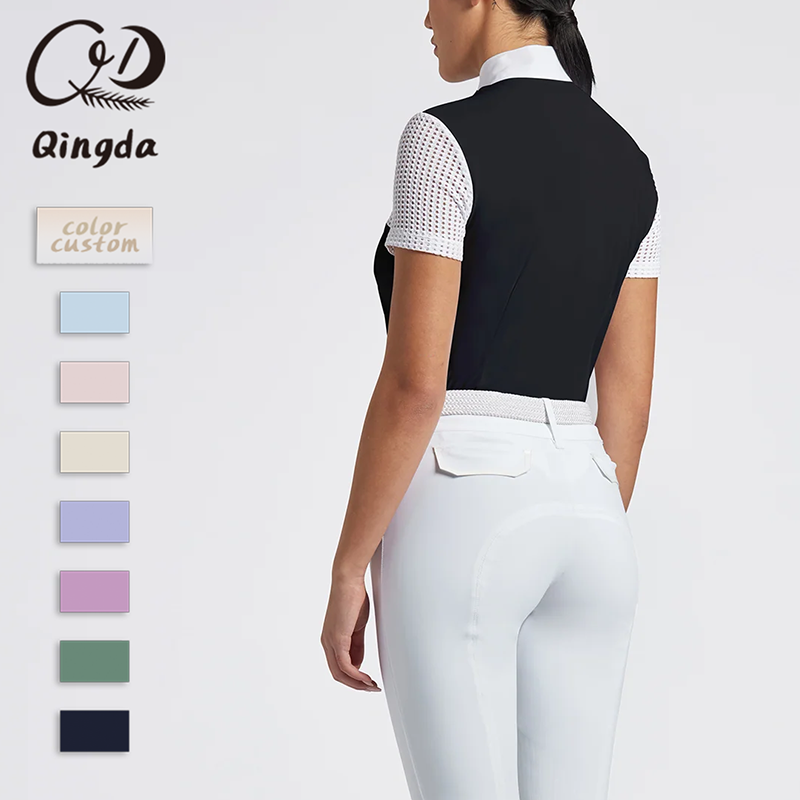 Short Sleeve Standing Collar Half Zip Honeycomb Mesh Yoke &amp; Sleeves Contrast Panel Slim Fit Equestrian Breathable Stretchy