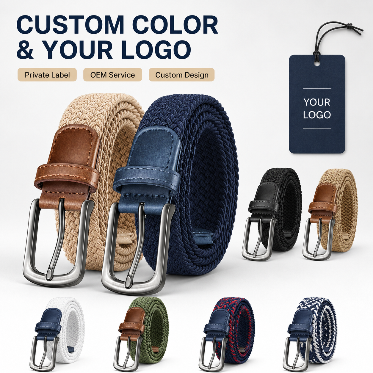 Adjustable Golf Belt White Navy Elastic Braided Belt No Fixed Holes OEM ODM for Golf Club Order