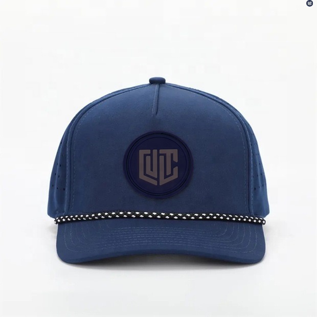 Wholesale Custom 5 Panel Rubber Pvc Logo Rope Baseball Cap Waterproof Laser Cut Hole Perforated Custom Baseball Caps