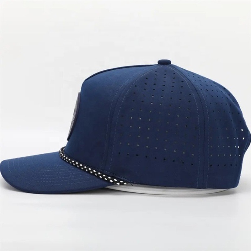 Wholesale Custom 5 Panel Rubber Pvc Logo Rope Baseball Cap Waterproof Laser Cut Hole Perforated Custom Baseball Caps