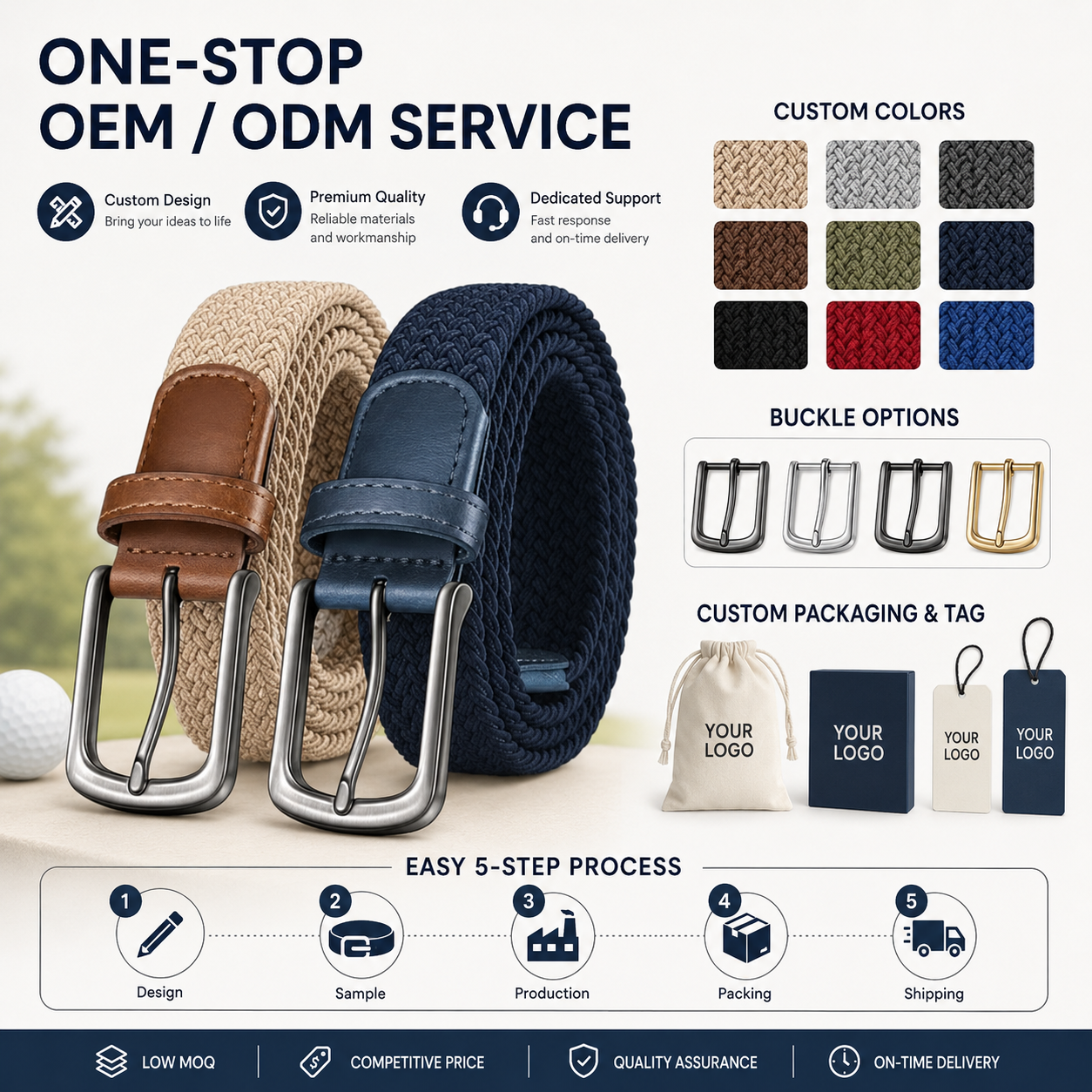 Adjustable Golf Belt White Navy Elastic Braided Belt No Fixed Holes OEM ODM for Golf Club Order