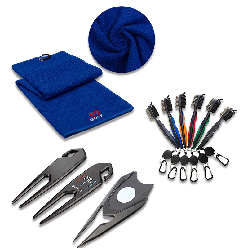 OEM Factory Custom Golf Accessory Kit Set Microfiber Towel Divot Tools Ball Marker Brushes and Plastic Tees