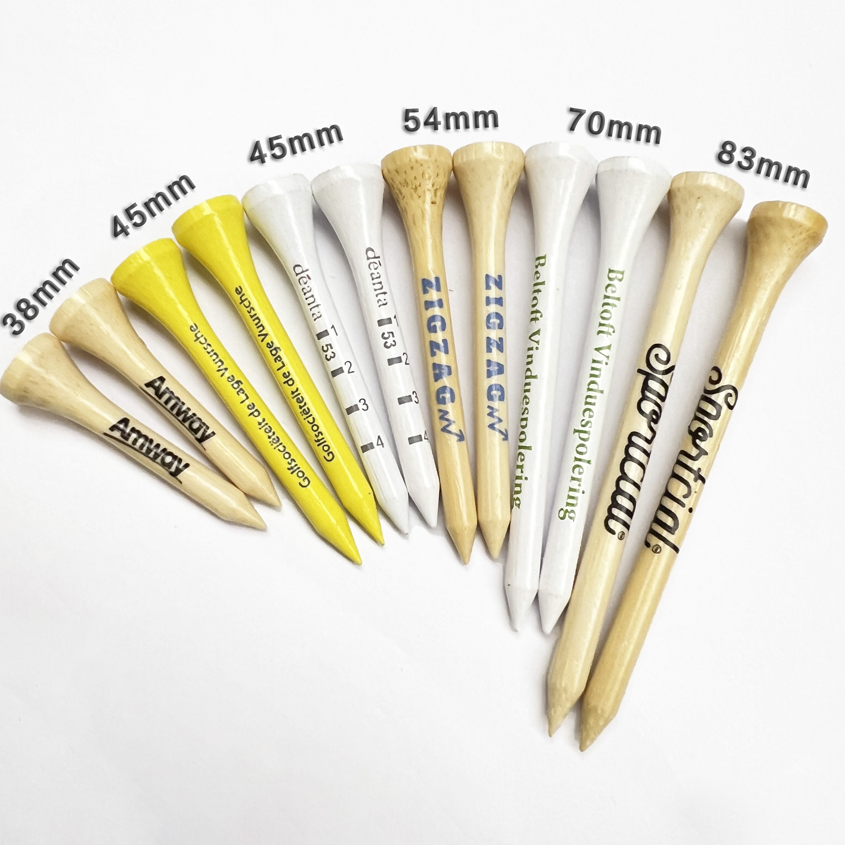 Factory Custom Bamboo Golf Tees With Wooden Logo 83/70/54mm Sizes Durable 83mm Length Color Stripes