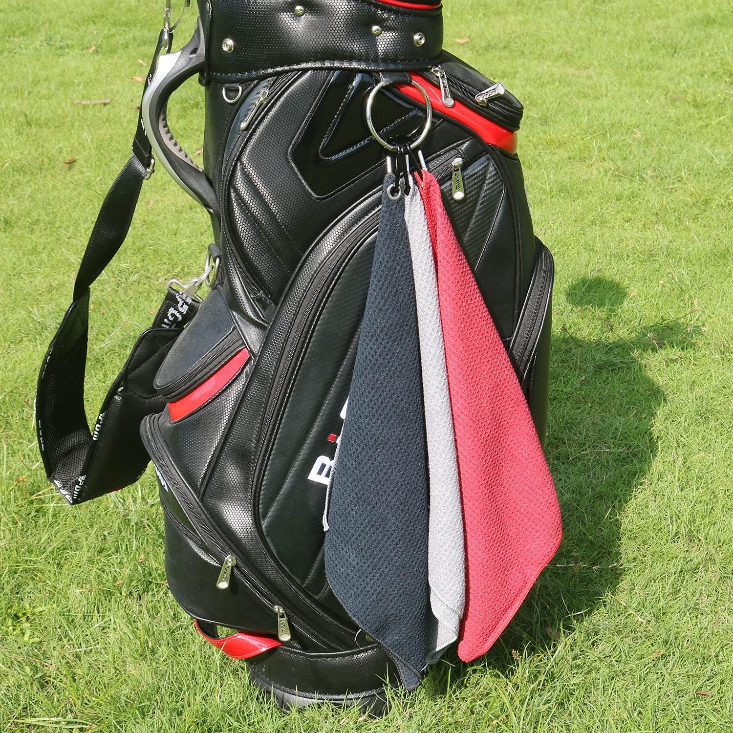 Convenient 16\" X 16\" Waffle Pattern Microfiber Golf Cleaning Towel With Carabiner Clip In Black/Grey/Red Sports Theme