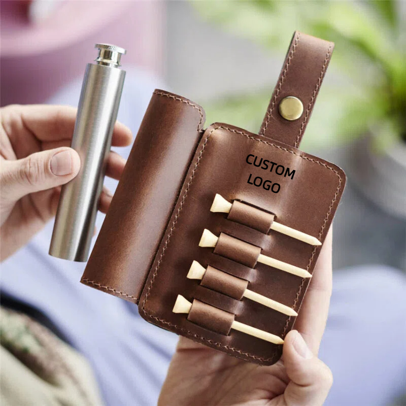 Custom PU Leather Golf Tee Holder Flask Sleeve Pouch Bag Portable Indoor Outdoor Golf Sports Accessories Gift for Men Golfer