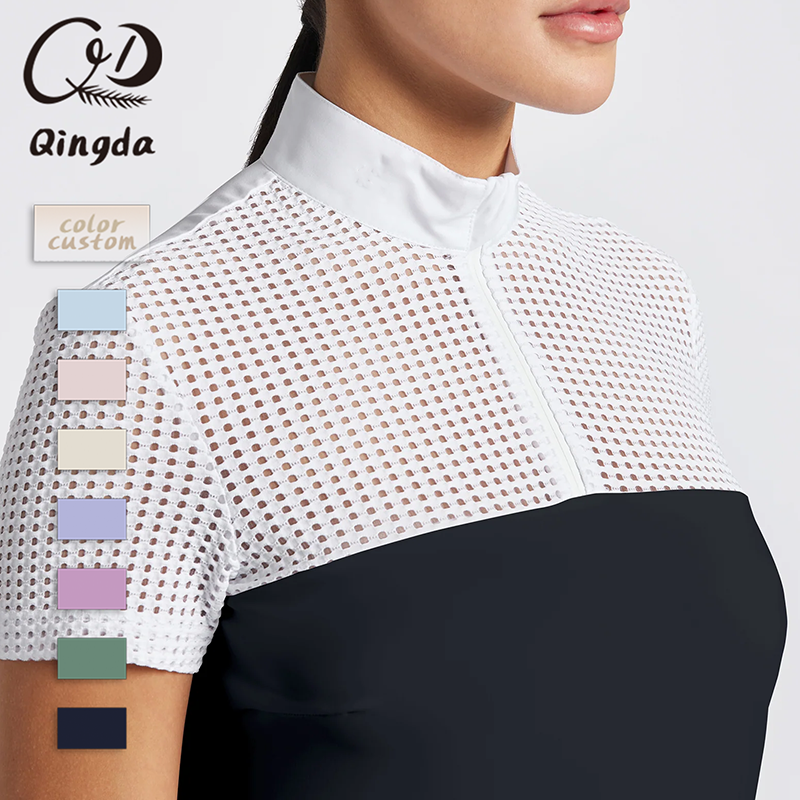 Short Sleeve Standing Collar Half Zip Honeycomb Mesh Yoke &amp; Sleeves Contrast Panel Slim Fit Equestrian Breathable Stretchy