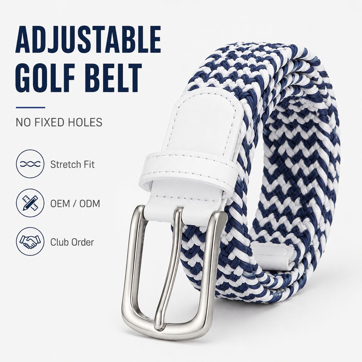 Adjustable Golf Belt White Navy Elastic Braided Belt No Fixed Holes OEM ODM for Golf Club Order