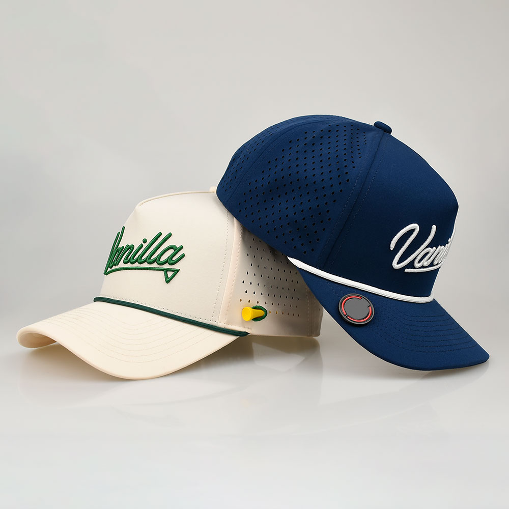 Custom Embroidered Logo 5 Panel Rope Baseball Caps Waterproof Polyester Laser Cut Hole Perforated Golf Hat with Ball Marker