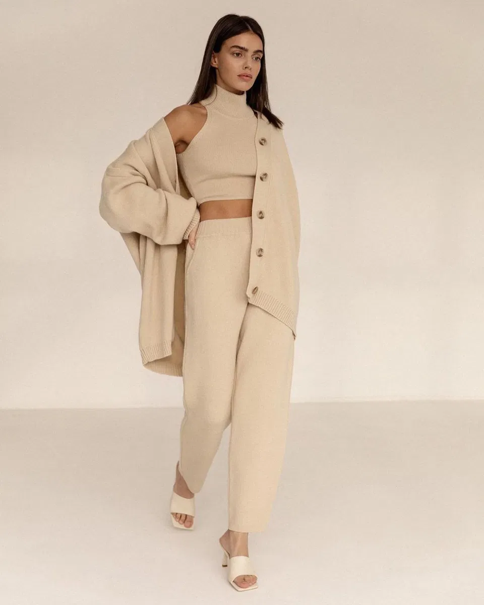Women Solid Winter Vest Cardigan Pants Three Piece Knit Sets