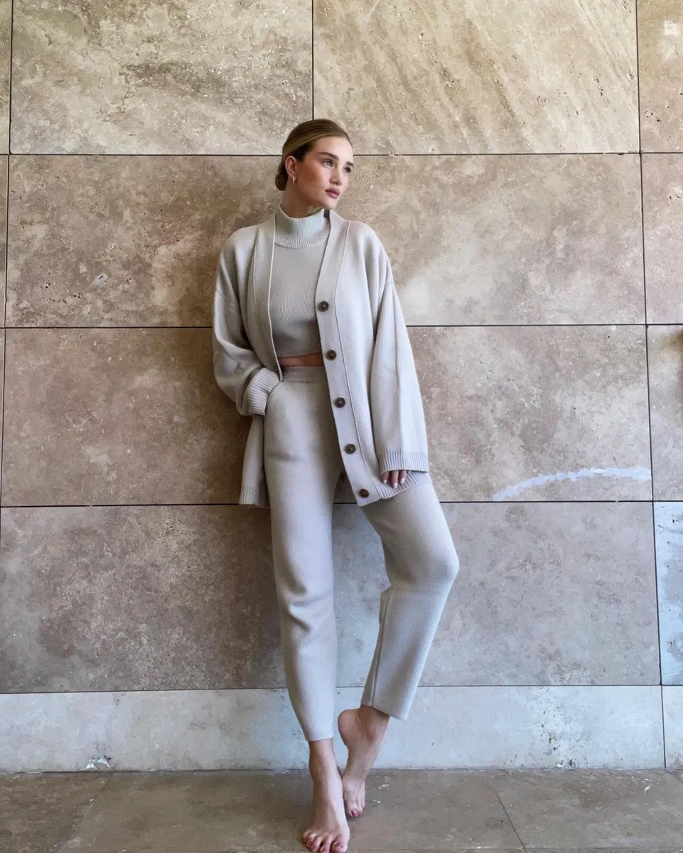 Women Solid Winter Vest Cardigan Pants Three Piece Knit Sets