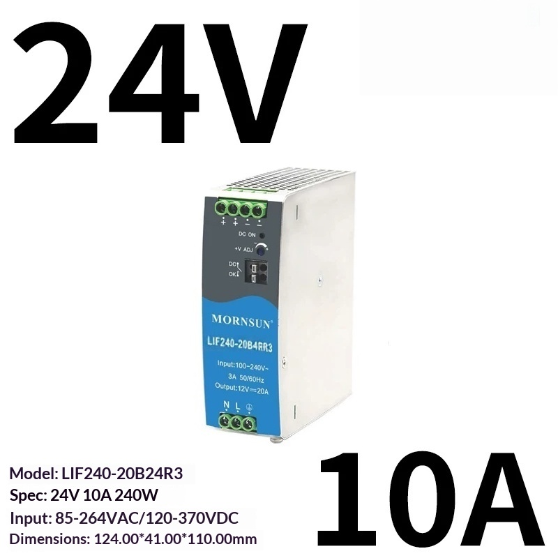 Mornsun LIF240-20B24R3 240W 24V 10A Single DIN Rail Power Supply Active PFC -40~85C 5000m Altitude /IEC for 3-Year