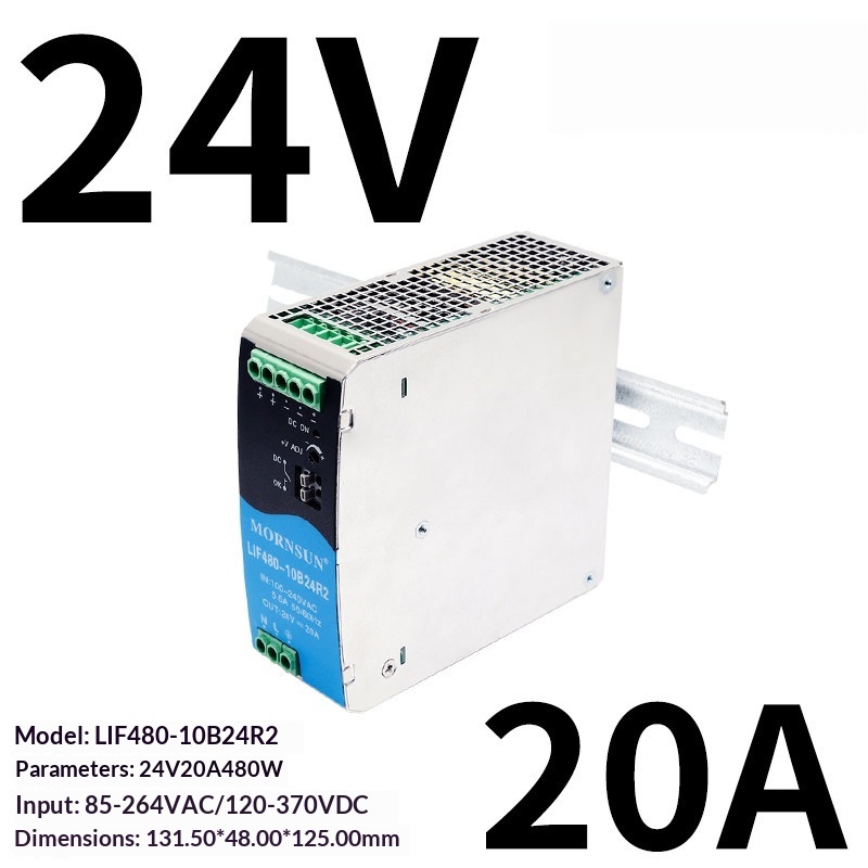 MORNSUN 480W 24V 20A Single DIN Rail Industrial Power Supply LIF480-10B24R2 85-264VAC/120-370VDC Input 94.5% Efficiency Active