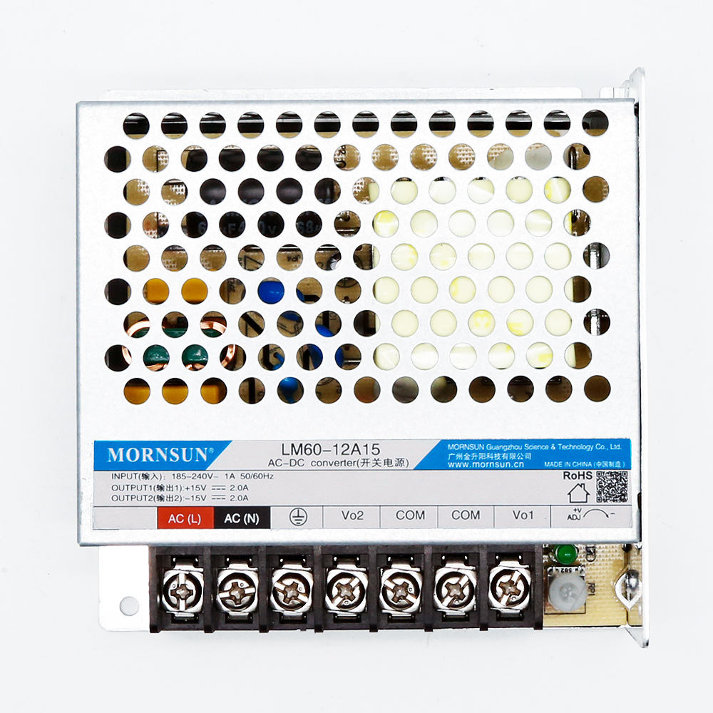 Mornsun LM60-10A15 60W Dual Output AC/DC Power Supply 15V 85-264VAC/120-370VDC Input 82% Efficiency Metal Enclosure for