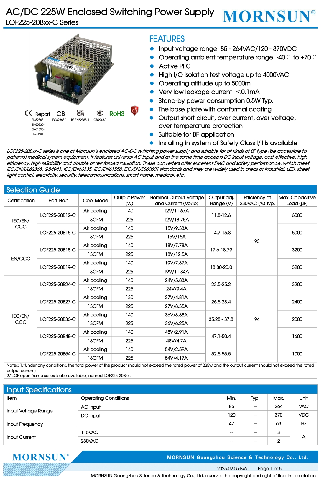 Mornsun LOF225-20Bxx-C 225W Medical Power Supply IEC60601-1 BF Type Metal Enclosure 15A Single Output for Industrial Use
