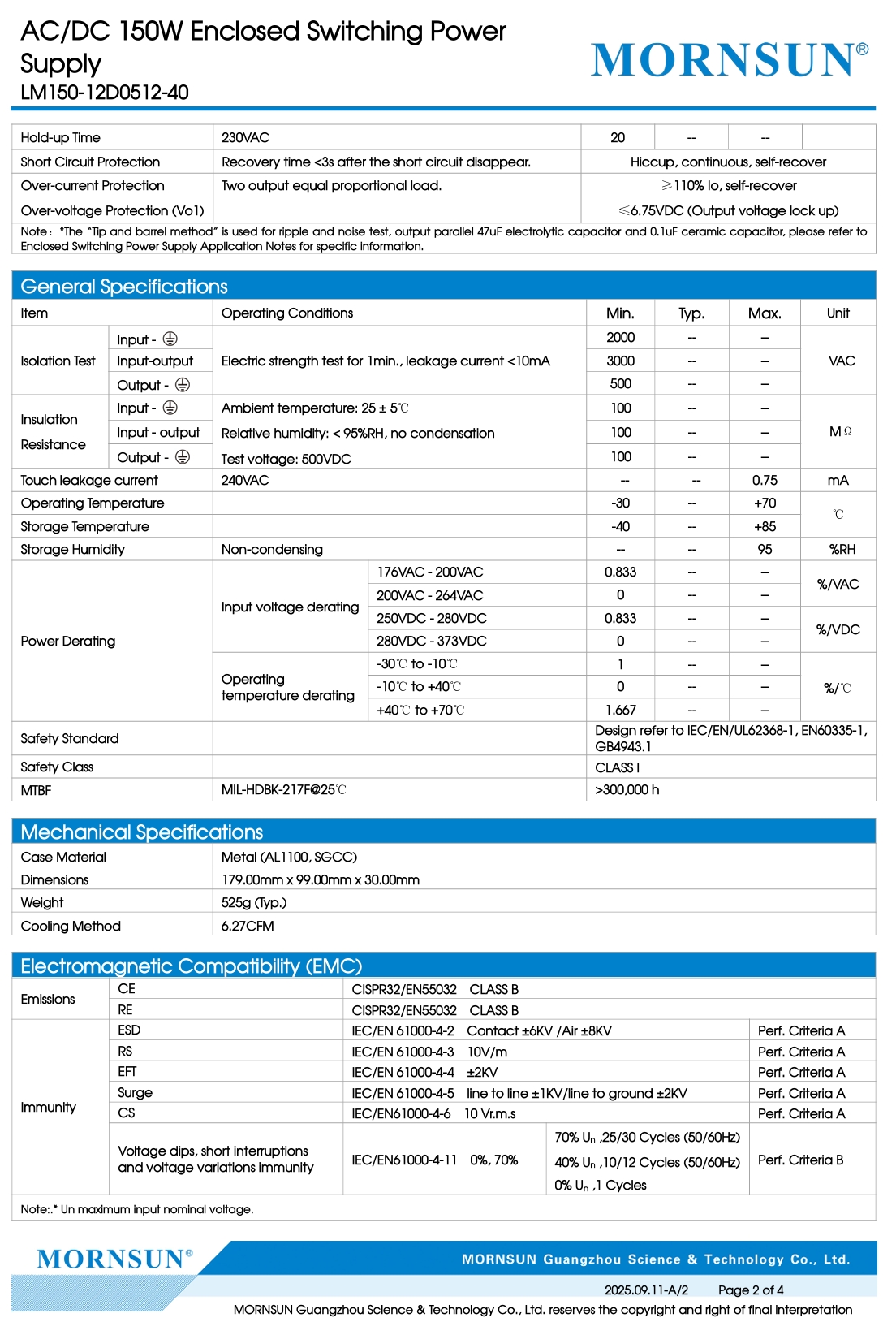 Mornsun LM150-12D0512-40 150W Dual Output 5V 12V Power Supply EN55032 Class B Industry Use 3-Year Warranty for Shared Power Bank
