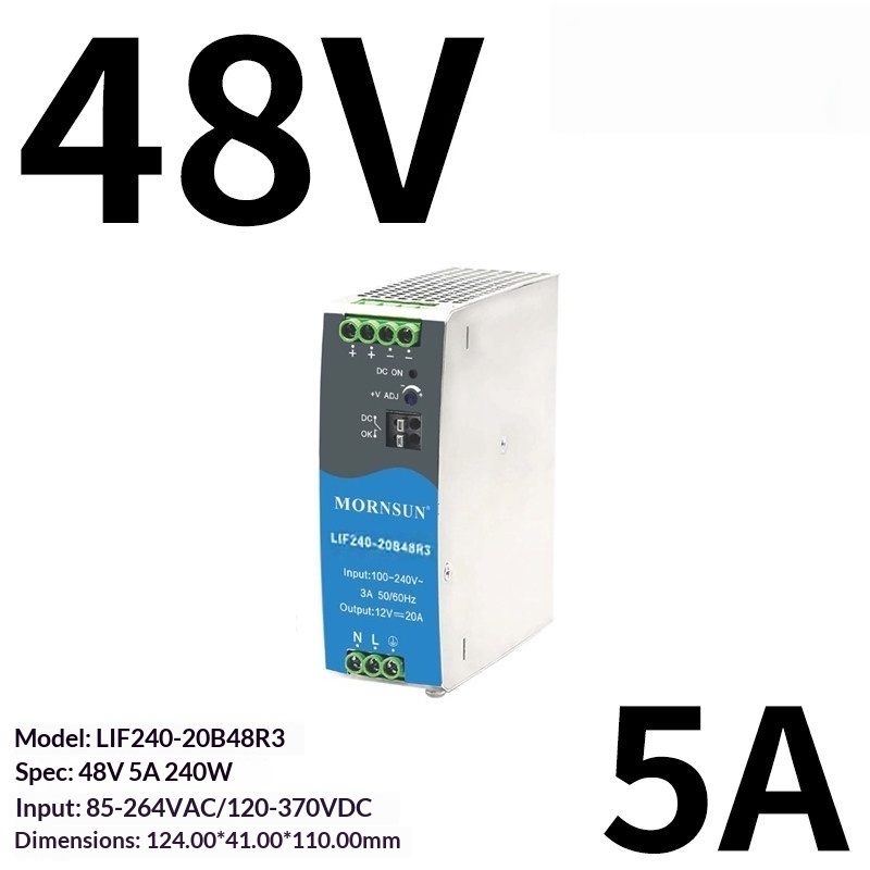 Mornsun LIF240-20B48R3 240W 48V 5A DIN Rail Power Supply 94% Eff Active PFC -40~85C 5000m UL/IEC62368 Telecom