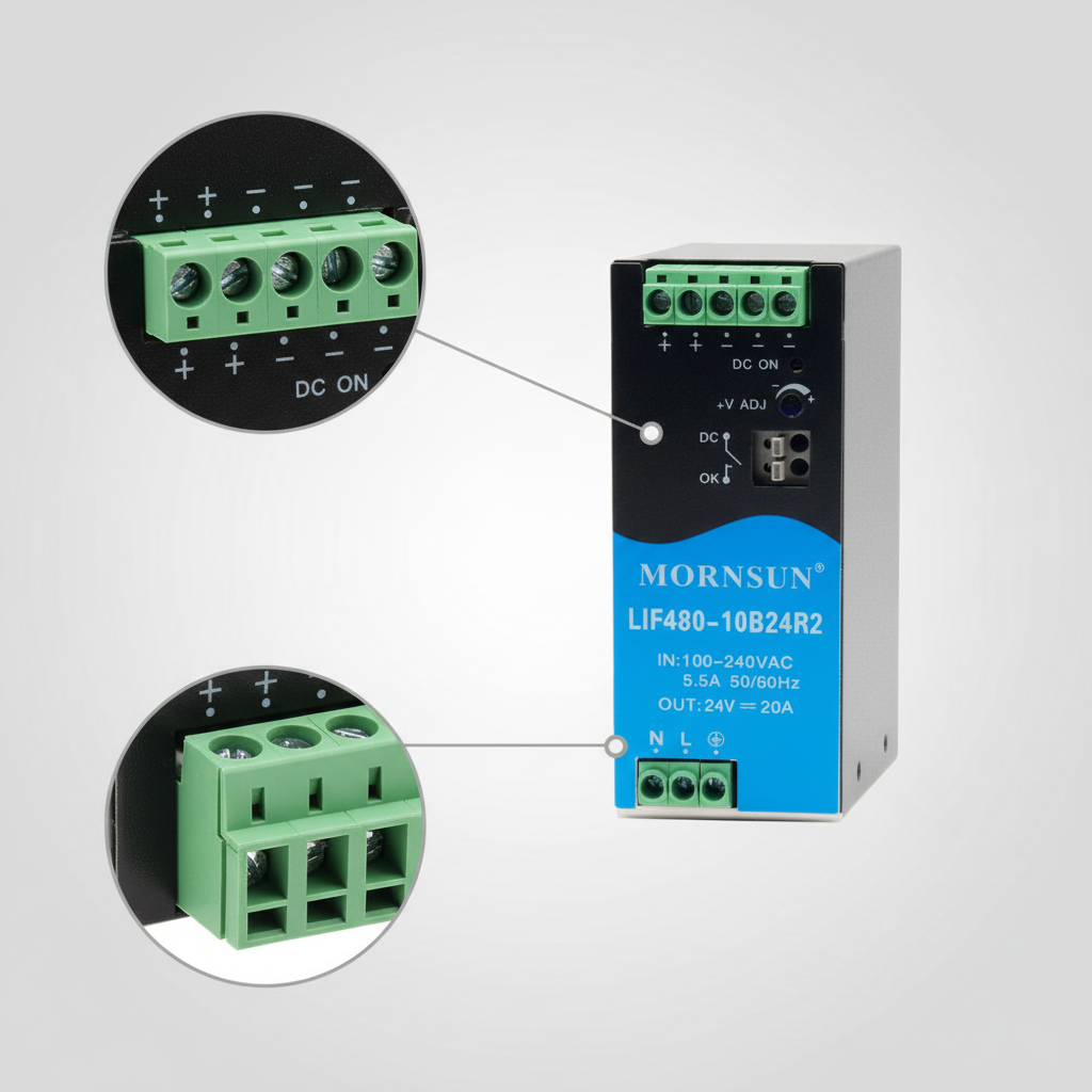 480W 48V 10A Single DIN Rail Power Supply 85-264VAC Input Active PFC DC Signal -40 to +70 for Industrial Automation