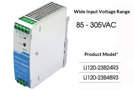Mornsun AC-DC Switching Power Supply LI120-23B48R3 120W 24V 2.5A Single DIN Rail High Efficiency 90%-91% EMC Industrial PSU