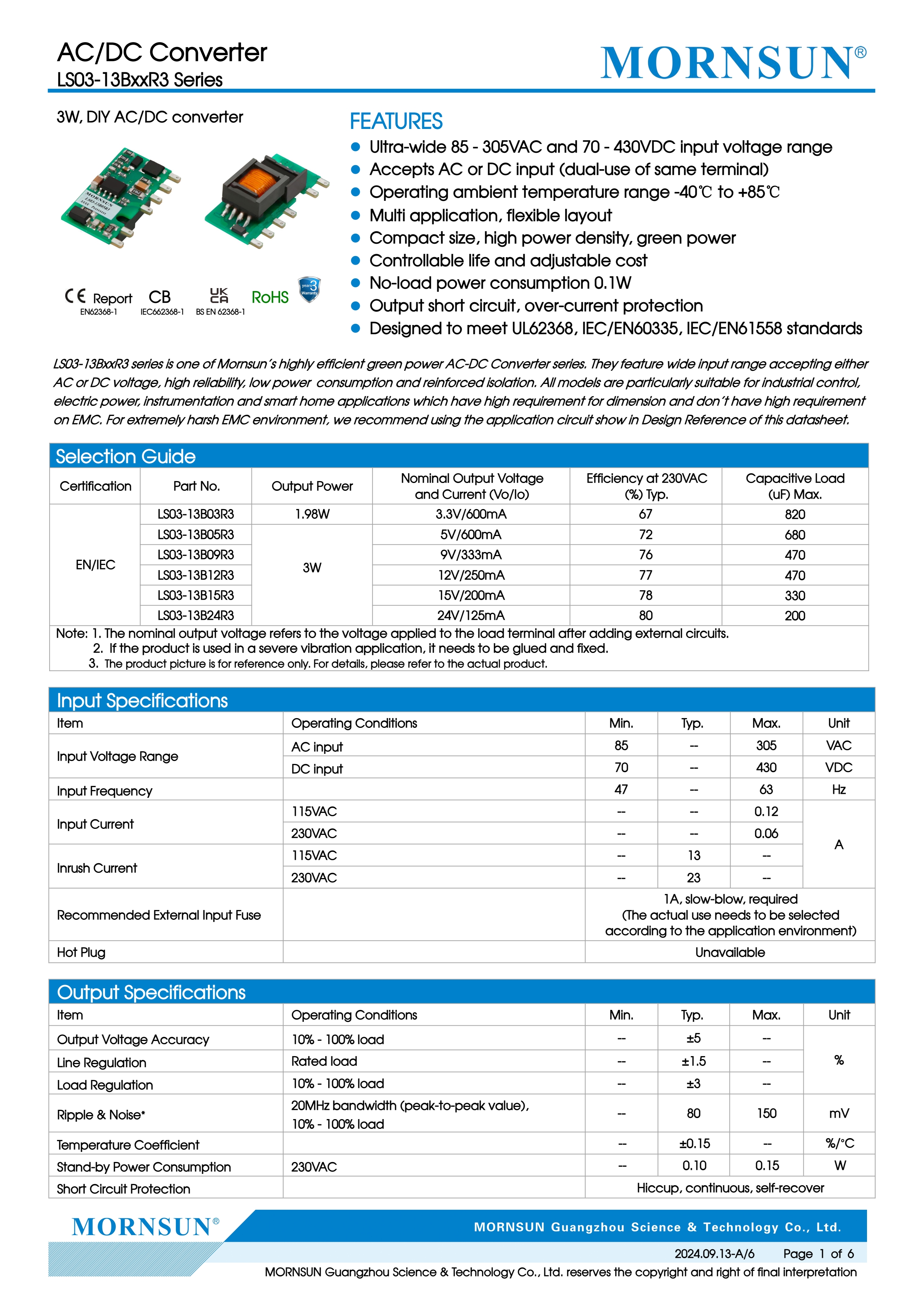 Mornsun 9V 3W LS03-13B09R3 AC DC Converter SIP Power Supply 9VDC Output Industrial Grade SMPS PCB Mount Converter Module
