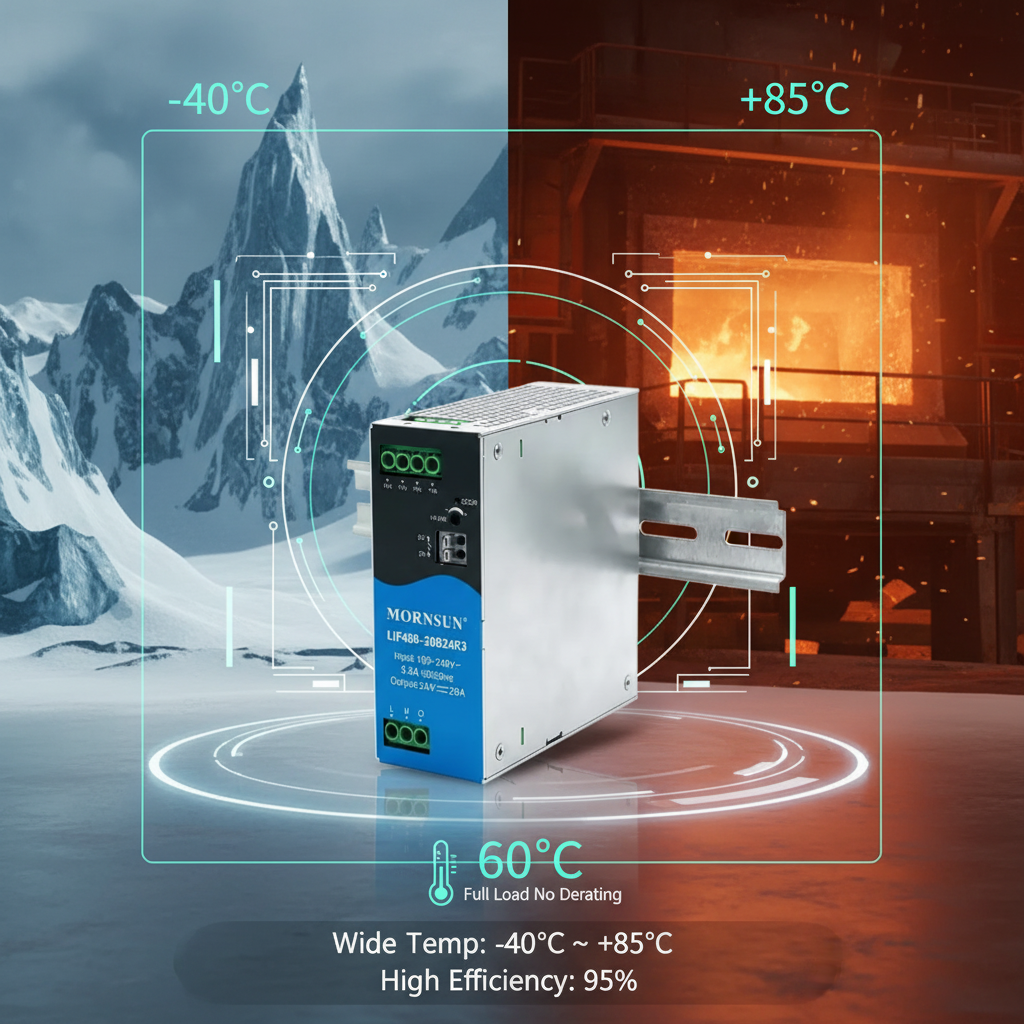 LIF480-20B24R3 480W 24V 20A Single DIN Rail AC-DC Industrial Power Supply AC 85-264V Input 95% Efficiency -40~85 Wide Temp
