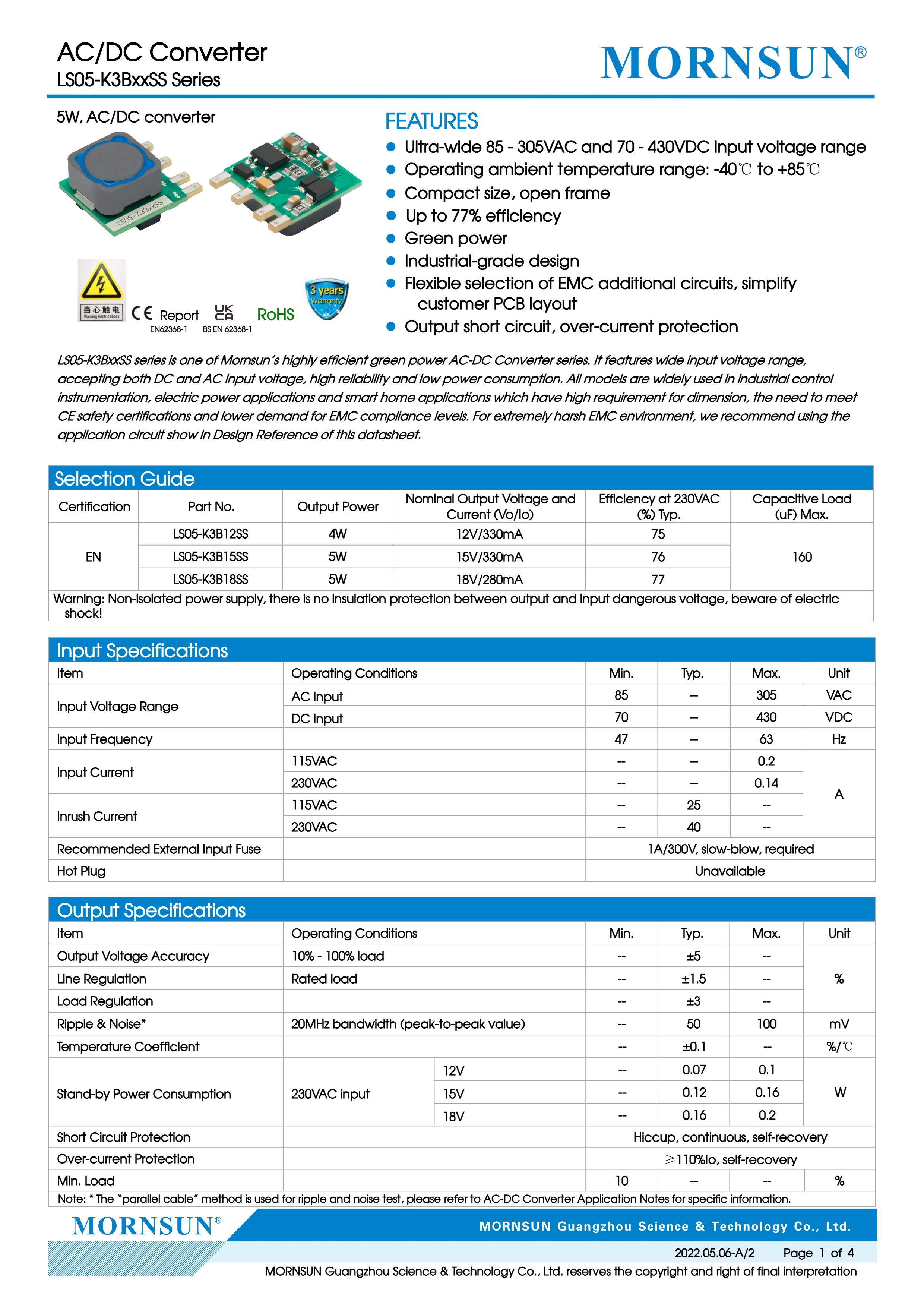 Mornsun LS05-K3BxxSS OEM ODM Single Industrial Compact 85-264VAC 4W 12V AC DC Converter 72% Efficiency 50/60Hz Overvoltage