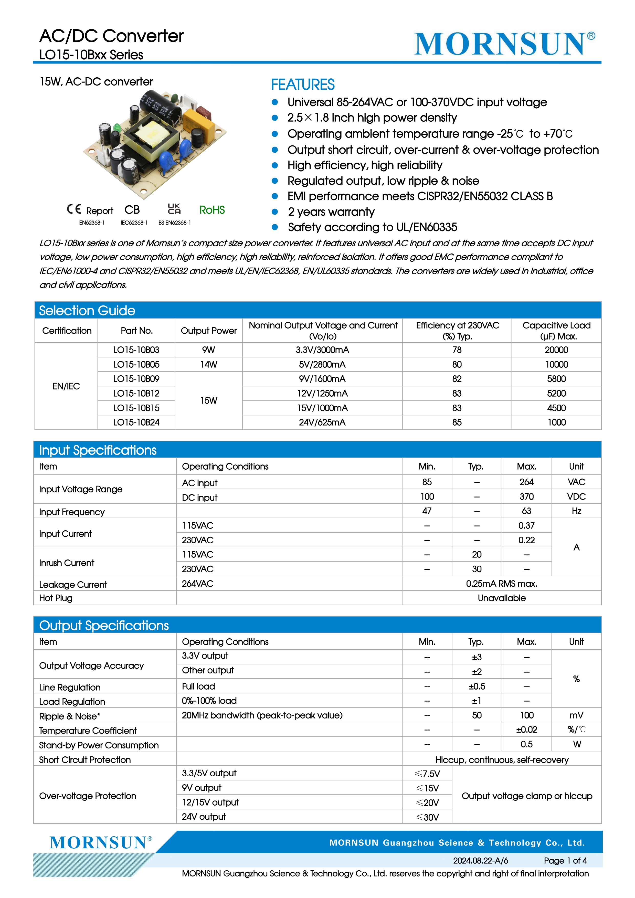 Original Mornsun LO15-10B05 14W AC-DC Single Open Frame Power Supply 5V 2800mA SMPS PCB Mount Industrial MW Power Supply Replace
