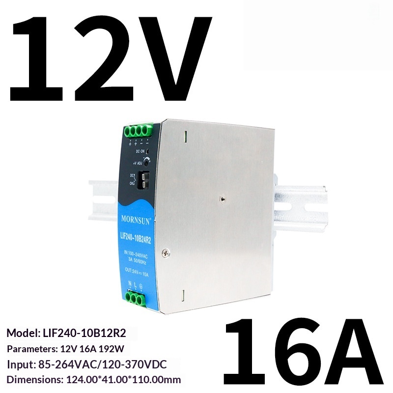 Mornsun LIF240-10B12R2 DIN Rail Power Supply 12V 16A 192W Industrial SMPS Single -40C 5000m Altitude LED Driver CE for IP20