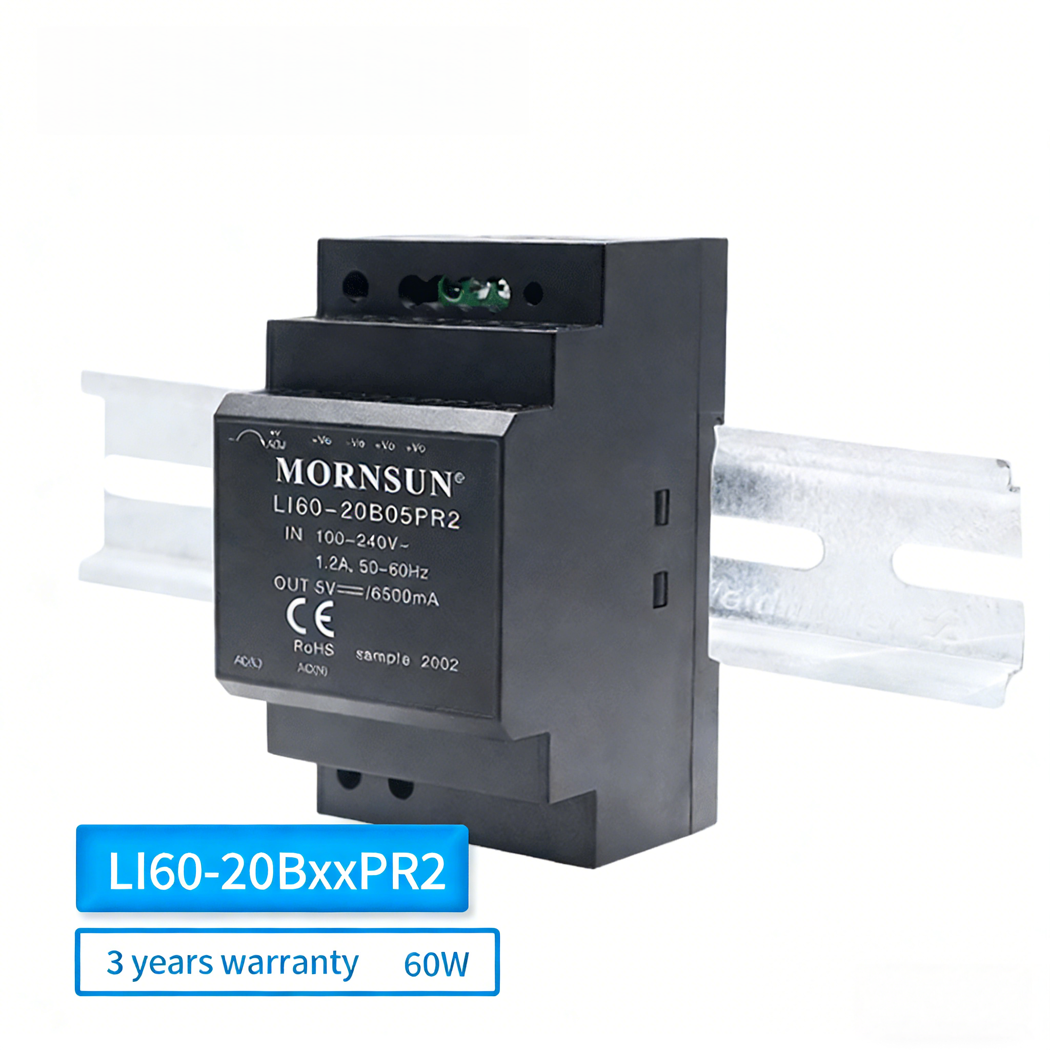 Mornsun LI60-20BxxPR2 60W DIN Rail AC-DC Power Supply Single Output 24V 84%-91% Efficiency 3-Year Warranty High EMC Immunity