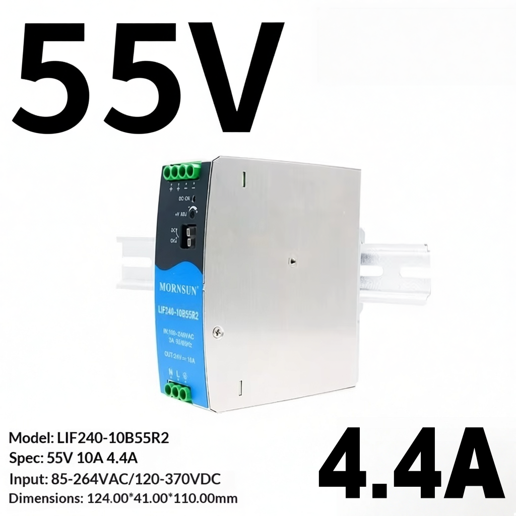 Mornsun LIF240-10B55R2 55V 4.4A 242W DIN Rail Power Supply Single Active PFC 94% Efficiency 50/60Hz -40C 5000m Altitude