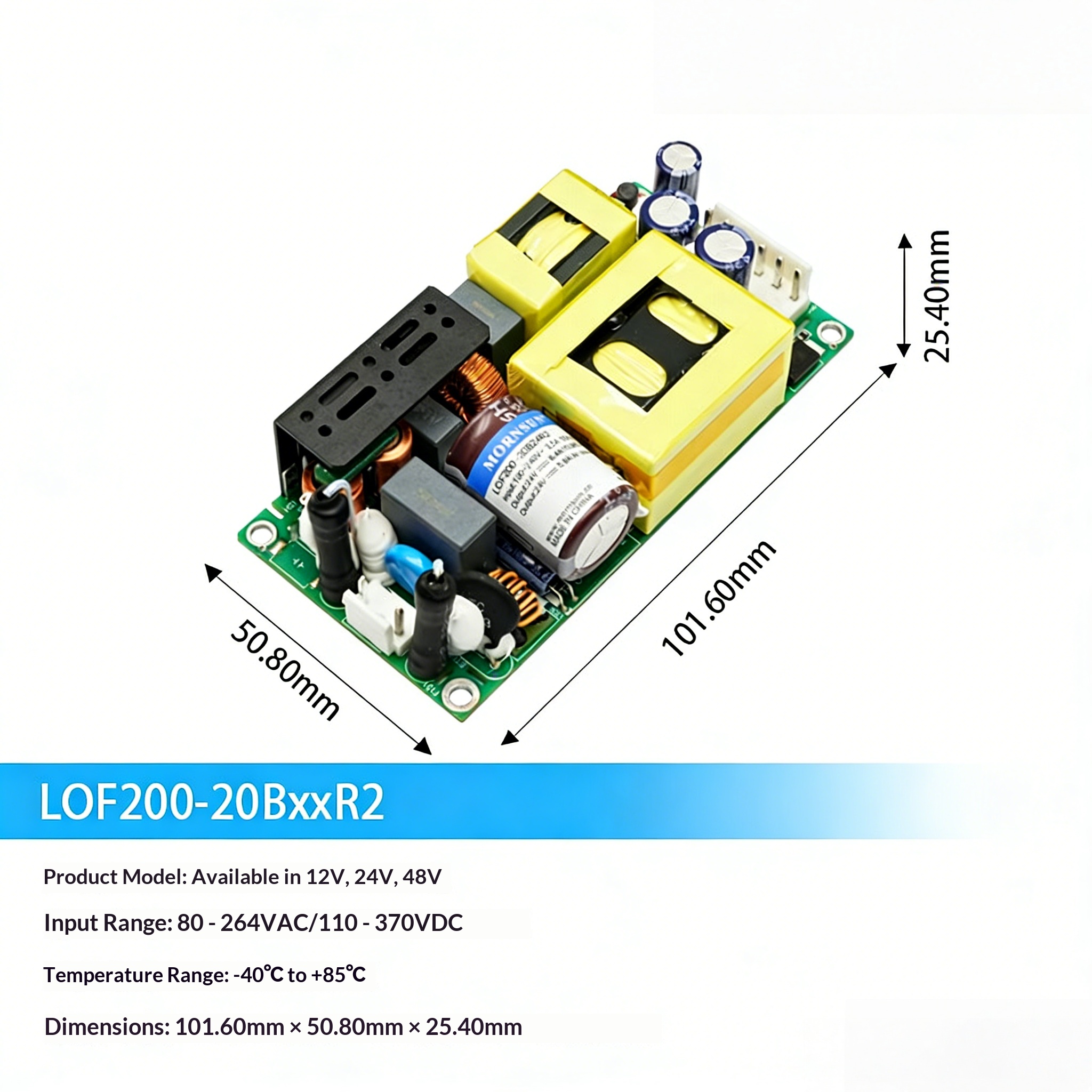 Mornsun LOF200-20BxxR2 200W Medical Open Frame Power Supply IEC60601-1 BF Type Single Output 3-Year Warranty for Industrial Use