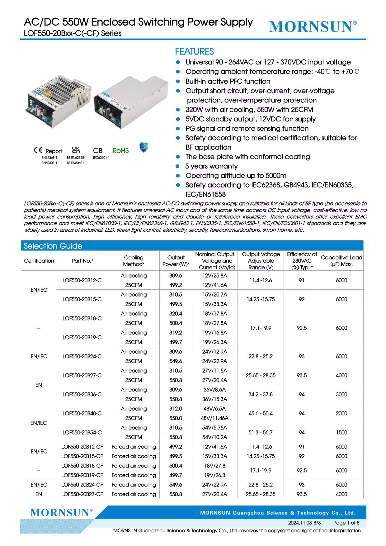 Mornsun LOF350-20Bxx-C 350W AC-DC Medical Power Supply IEC60601-1 BF Type Metal Enclosure High Efficiency for Industrial Use