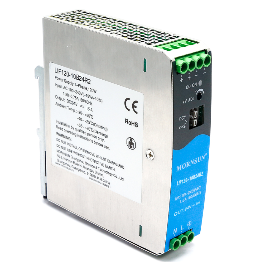 Mornsun LIF120-10B24R2 120W 24V 5A Single DIN Rail Power Supply 85-264VAC Input Active PFC 93.5%-94% Efficiency Industrial AC-DC