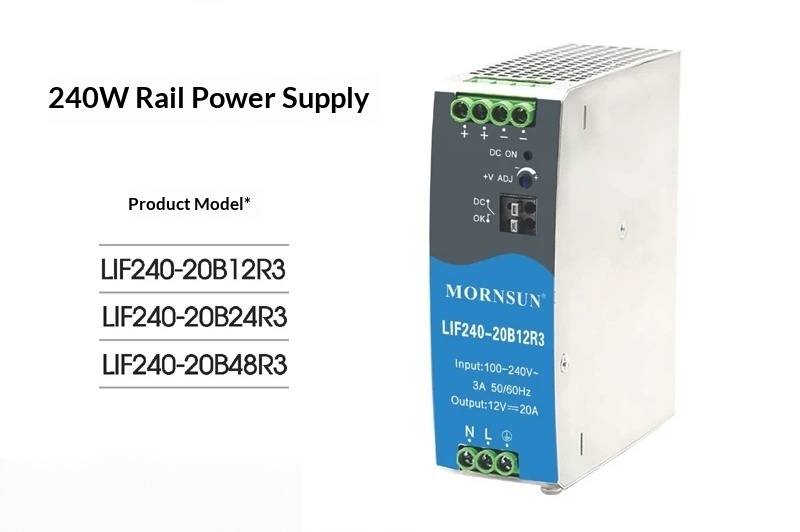 Mornsun LIF240-20B24R3 240W 24V 10A Single DIN Rail Power Supply Active PFC -40~85C 5000m Altitude /IEC for 3-Year