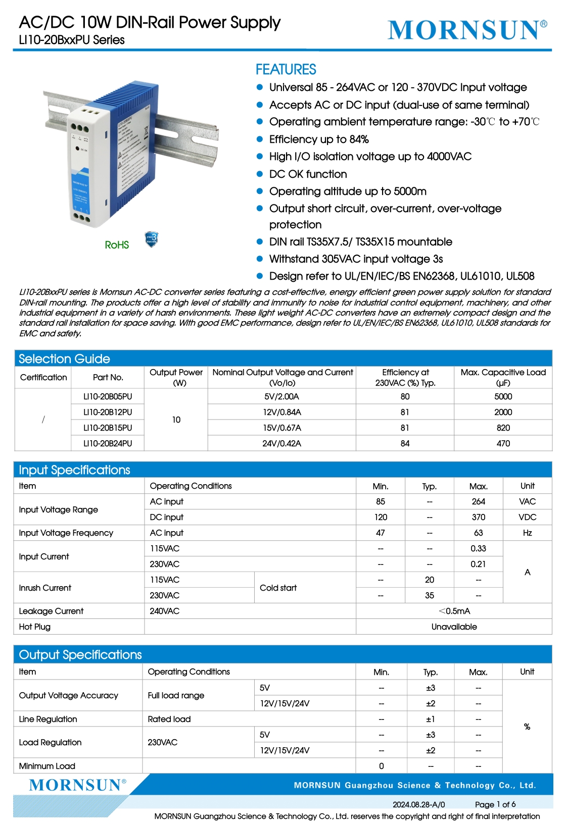 Mornsun LI10-20BxxPU 10W 2A DIN Rail Power Supply for Industrial Control with 3-Year Warranty UL61010 UL508 for