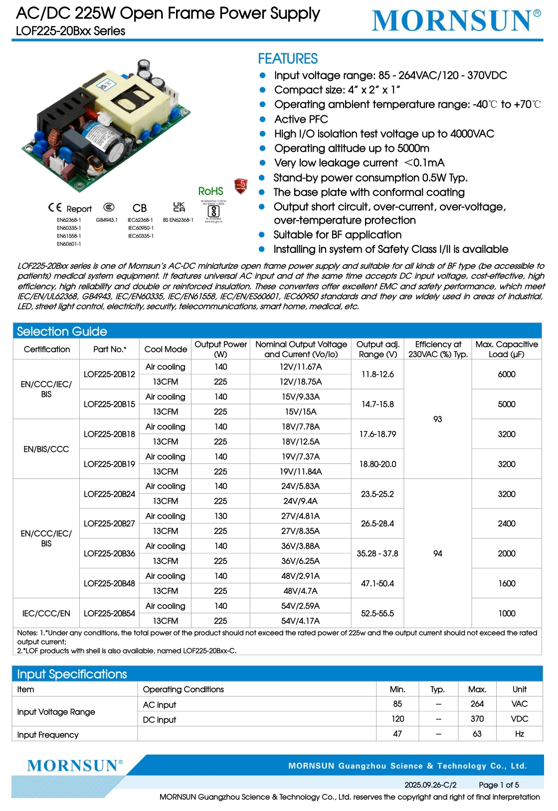 Mornsun LOF225-20Bxx 225W Medical Open Frame Single Output 15A AC-DC Power Supply IEC60601-1 BF Type 93%-94% Efficiency for