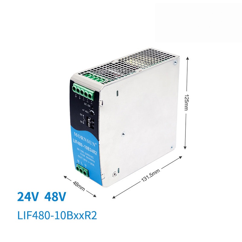 480W 48V 10A Single DIN Rail Power Supply 85-264VAC Input Active PFC DC Signal -40 to +70 for Industrial Automation