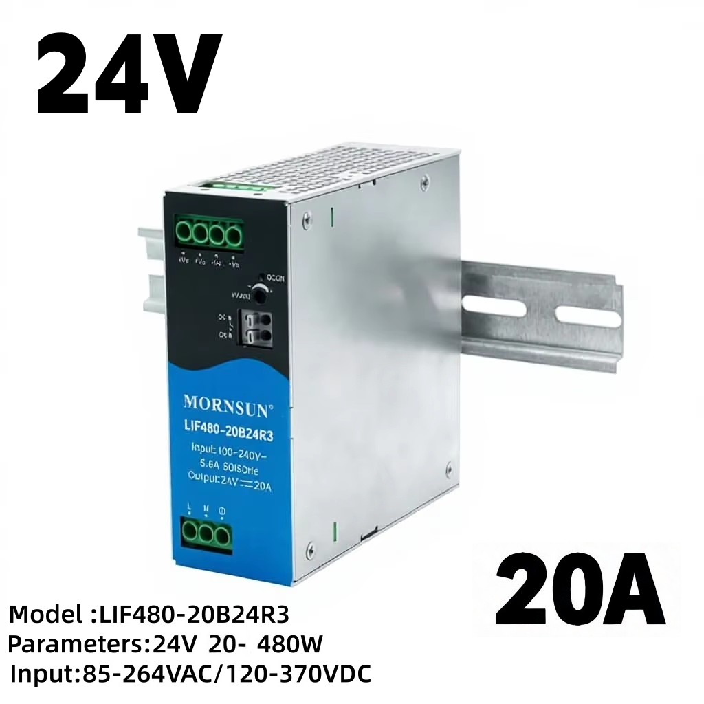 LIF480-20B24R3 480W 24V 20A Single DIN Rail AC-DC Industrial Power Supply AC 85-264V Input 95% Efficiency -40~85 Wide Temp