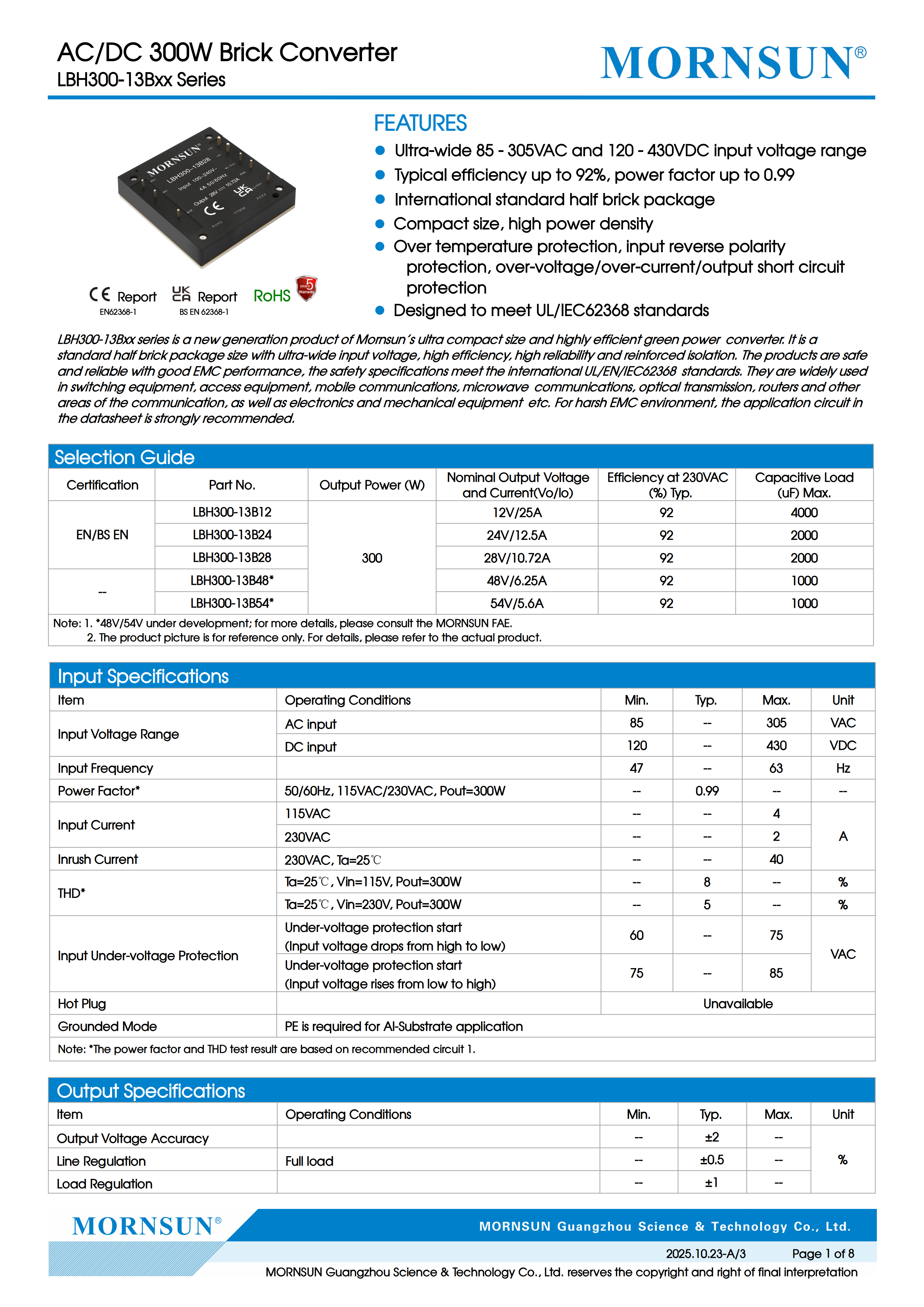 Mornsun LBH300-13Bxx 300W CRPS Power Supply 92% Efficiency Single Output Wide Input 3-Year Warranty for Server & Industrial Use