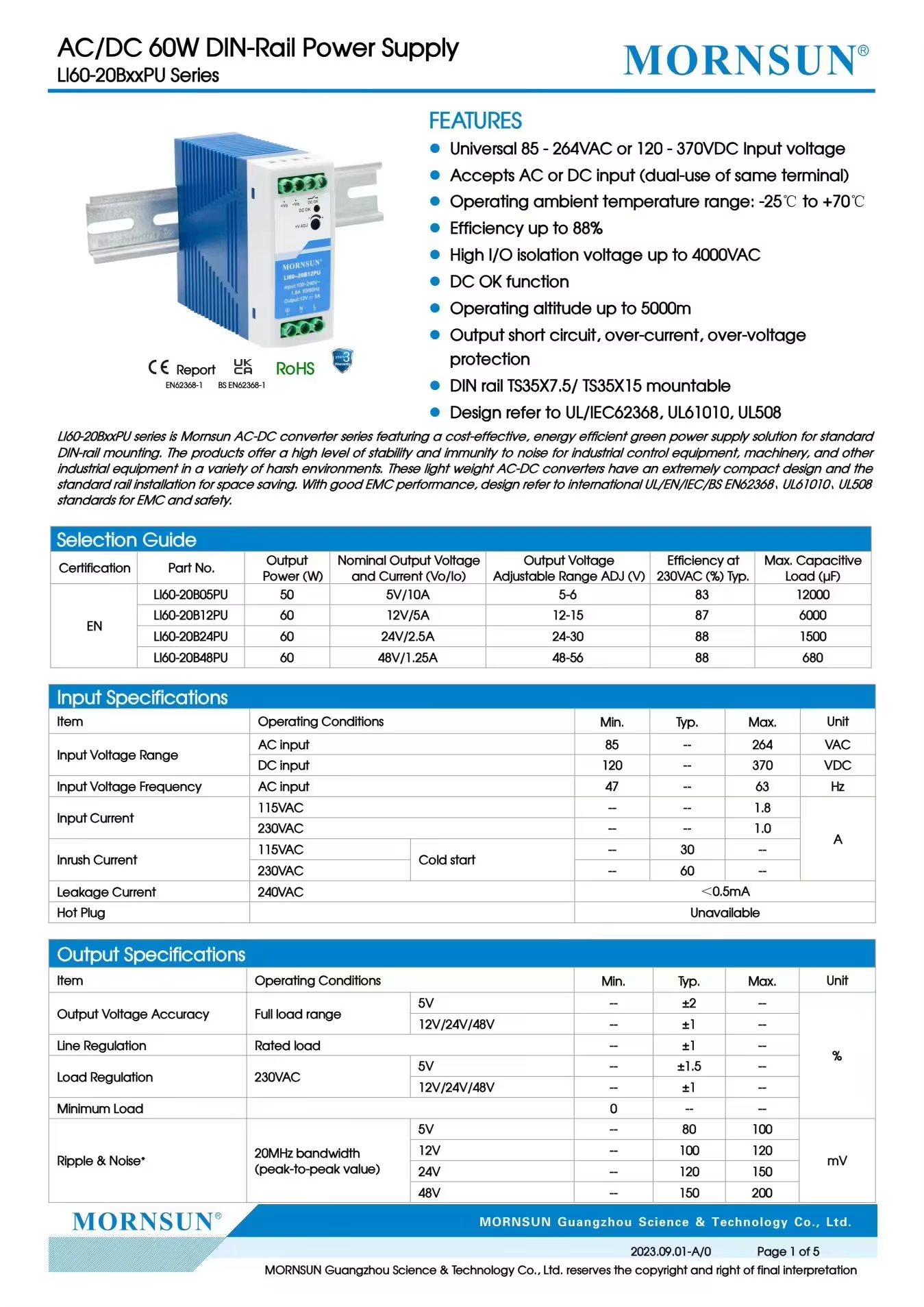 Mornsun LI60-20BxxPU 60W AC-DC Single Output 5A/10A DIN Rail Power Supply High EMC Immunity for Industrial Automation