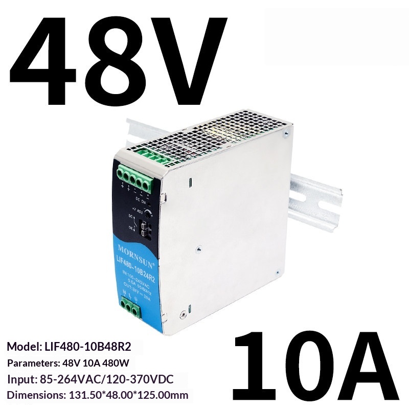 480W 48V 10A Single DIN Rail Power Supply 85-264VAC Input Active PFC DC Signal -40 to +70 for Industrial Automation