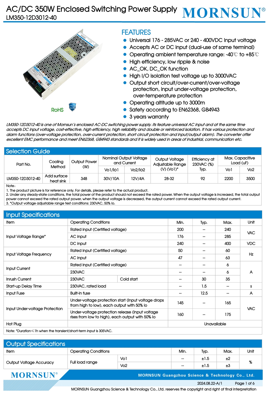 Mornsun LM350-12D3012-40 350W Single Isolated 30V 12V AC/DC Industrial Power Supply Metal Enclosure IEC62368