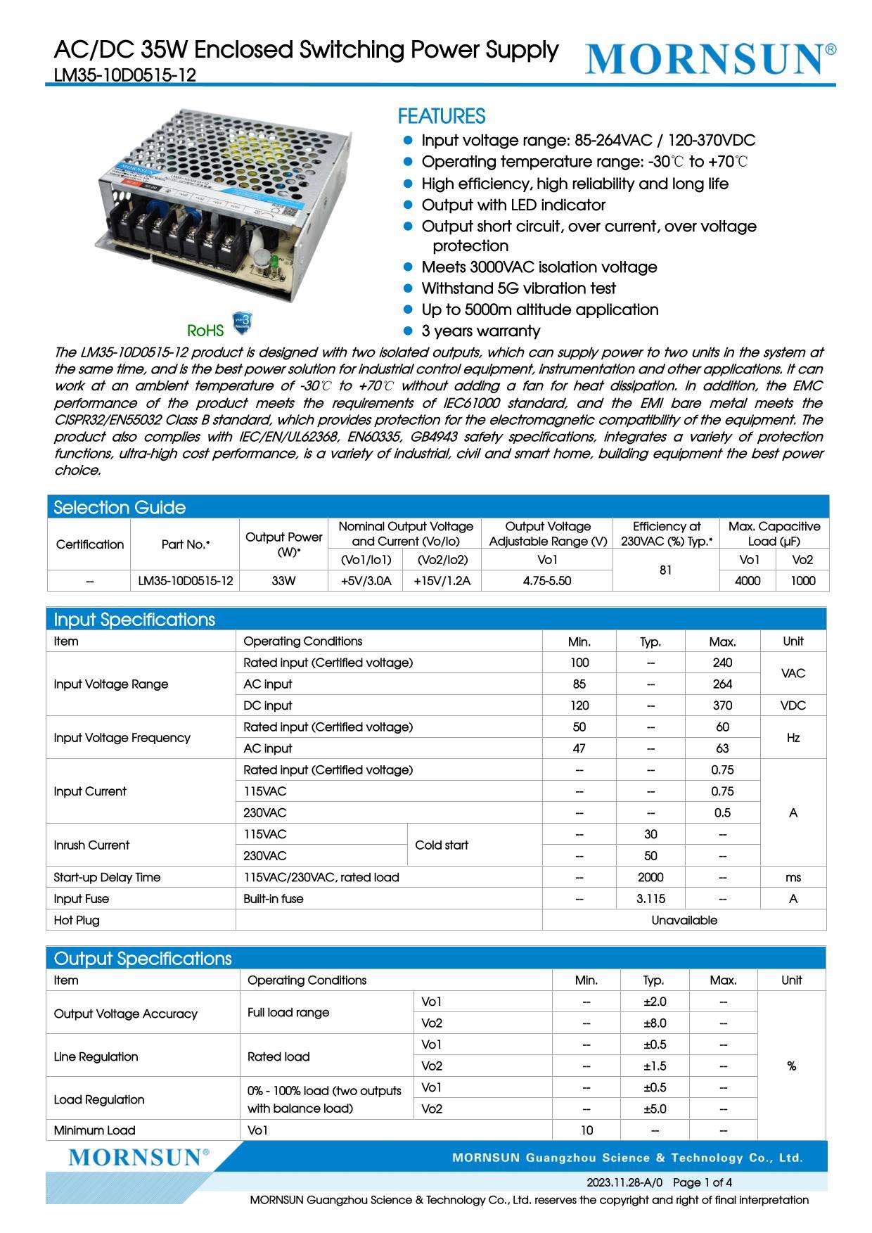 Mornsun LM35-10D0515-12 35W Dual Isolated Output AC/DC Power Supply for Industrial Equipment 89% Efficiency